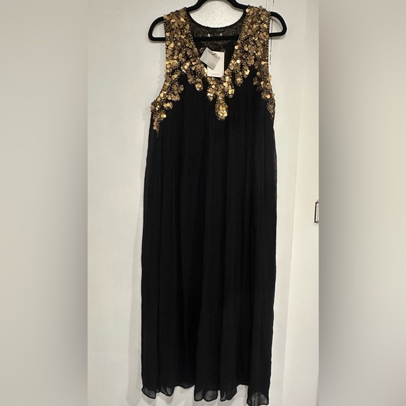 Zara Black Pleated Sequin Georgette Dress - Size M - Picture 5 of 12